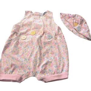 Vintage Doe Spun Romer & Hat Set Baby Girl SZ 6-9M Pink Buttons Flowers Pastels